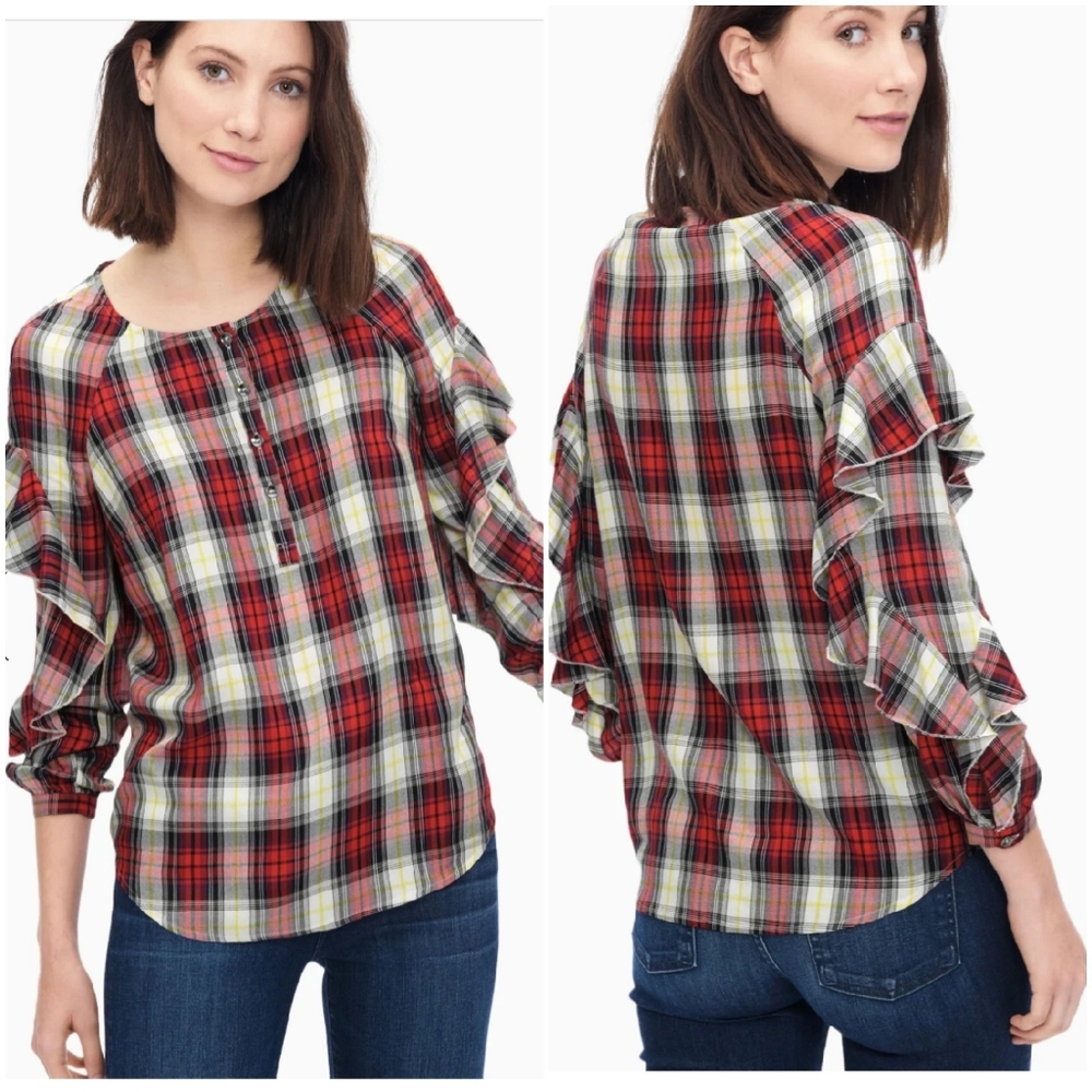 Splendid Plaid Button Front Ruffle Sleeve Top